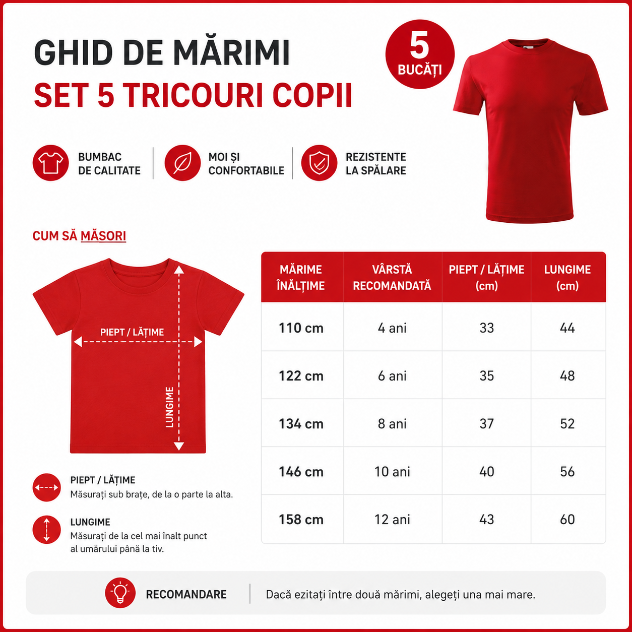 Set 5 tricouri roșii copii pentru băieți și fete, potrivite pentru școală, parc și activități zilnice